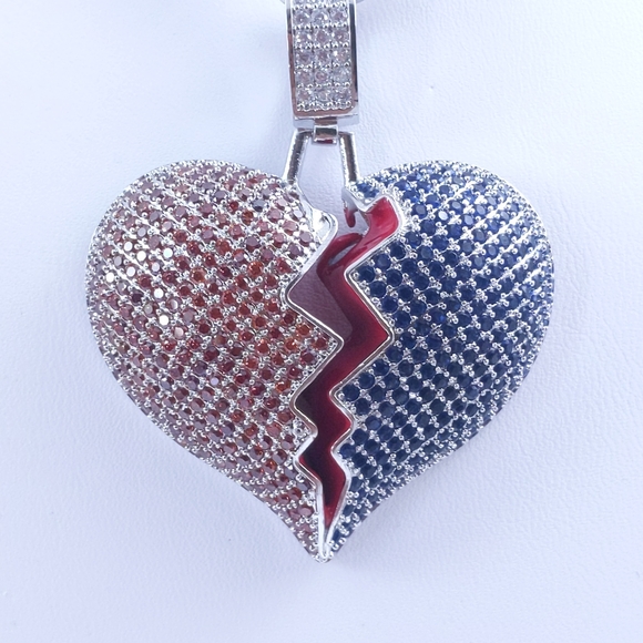 Other - Silver Red/Blue Heart + 20" Cuban Chain